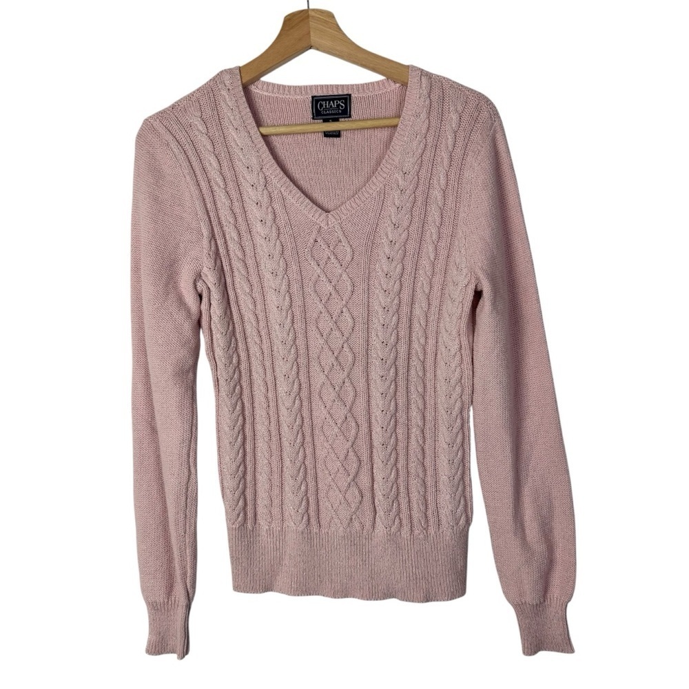 Chaps Light Pink‎ Shimmer Metallic V-Neck Cable Knit Sweater S